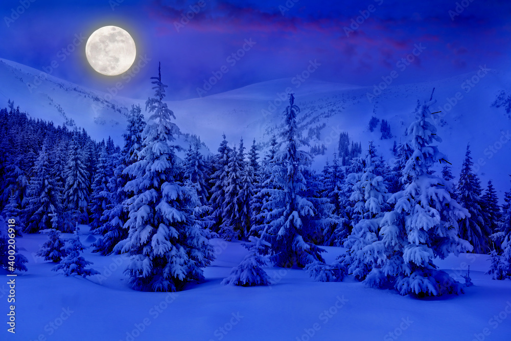 Full%20Moon%20rising%20above%20the%20winter%20fir%20forest%20covered%20of%20snow%20in%20mountains.%20%20Christmas%20night.%20Landscape%20winter%20Stock-Foto%20|%20Adobe%20Stock