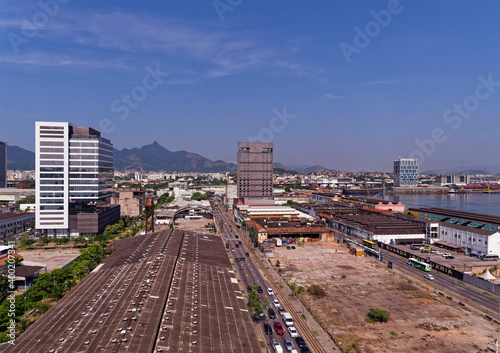 Looking over the Old Harbour of Rio de Janeiro  an area undergoing significant urban regeneration  with modern buildings and cleared land.