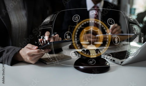 Concepts of Law and Legal services. Lawyer working at table office, Law interface icons.	