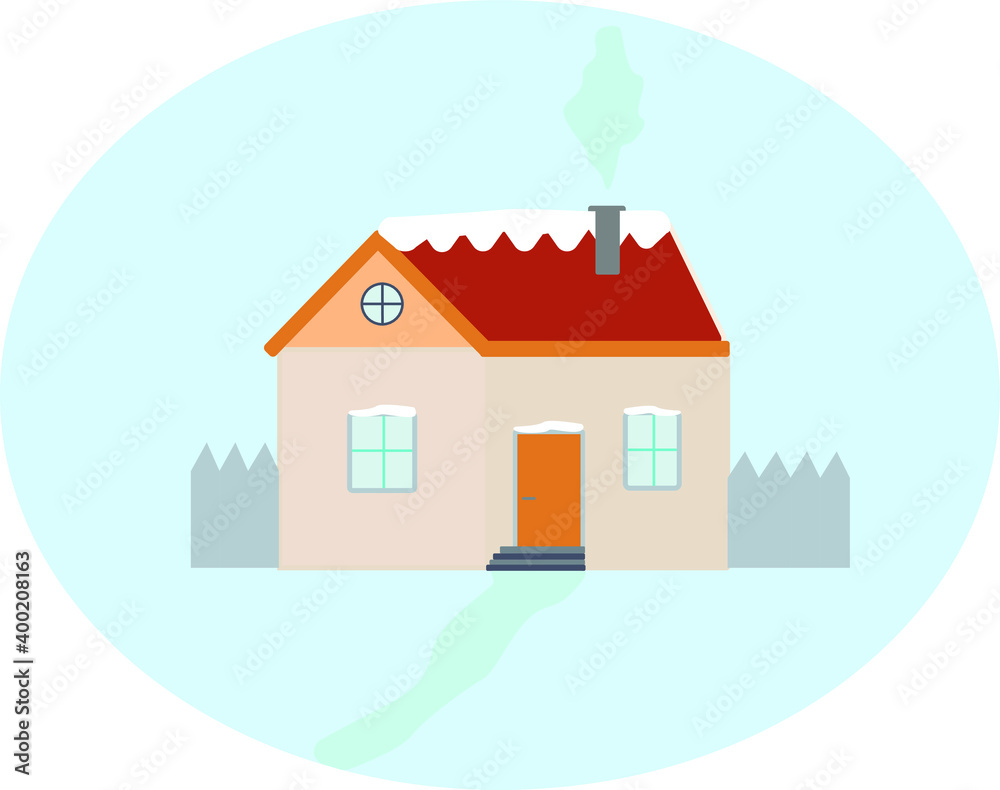 vector illustration of a snow covered house in warm caramel colors with a red roof icy path