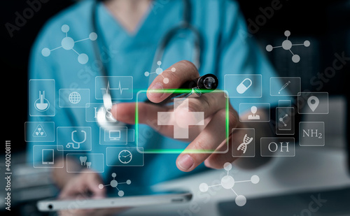 Medical technology and futuristic concept. Doctor hologram modern virtual screen interface.	