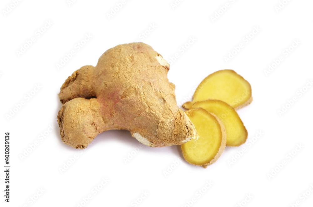 Fresh ginger with slice isolated on white background, raw healthy ginger for cooking. Top view. Healthy lifestyle and diet concept. Fresh ginger with slice isolated on white background, raw healthy ginger for cooking. Top view. Healthy lifestyle and diet concept.