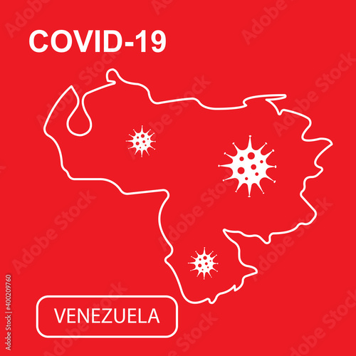 Map of Venezuela labeled "COVID-19". White outline map on a red background. Vector illustration of a virus, coronavirus, epidemiology.