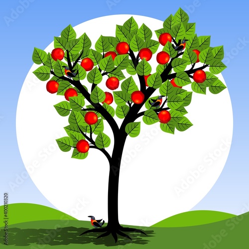 Stylized tree with green foliage and red fruits. Birds on the tree. Birds sitting on branches. Vector illustration.