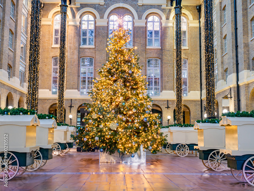 Photography Christmas decorations and a tree inside Hays Galleria square market in London in