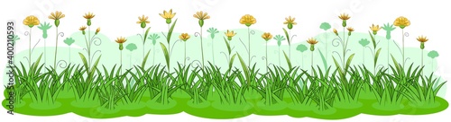 Blooming meadow with grass and flowers. Cartoon just style. Isolated on white background. Romantic fabulous illustration. Vector