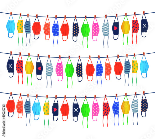 Masks hanging on washing line outdoor vector illustration.