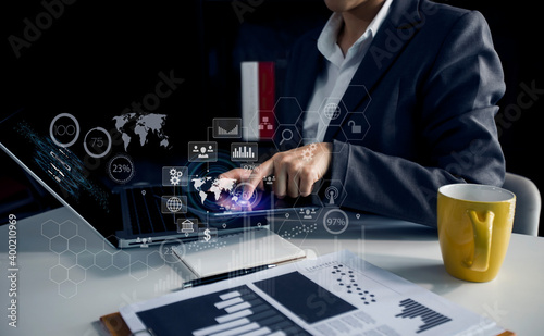 Double exposure of businessman working with digital marketing virtual chart, Abstract icon, Business strategy and technology concept.