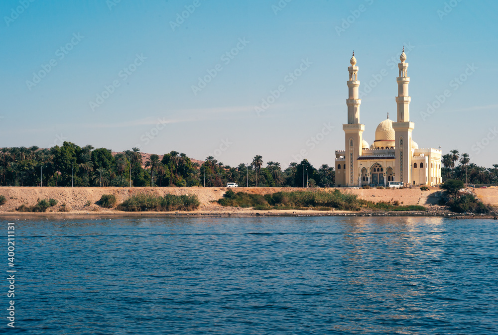 El Tabia Mosque with Minarets in Aswan, Egypt on the Bank of the River Nile