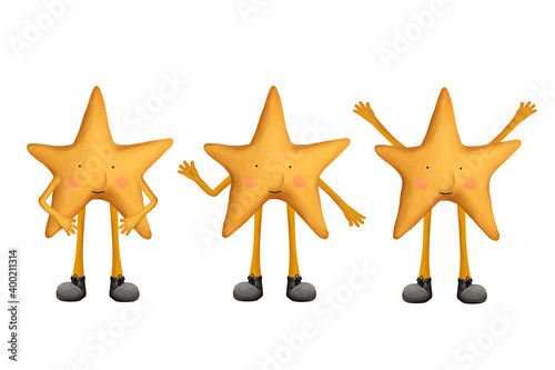 Drawn star character. Stickers kit on white background