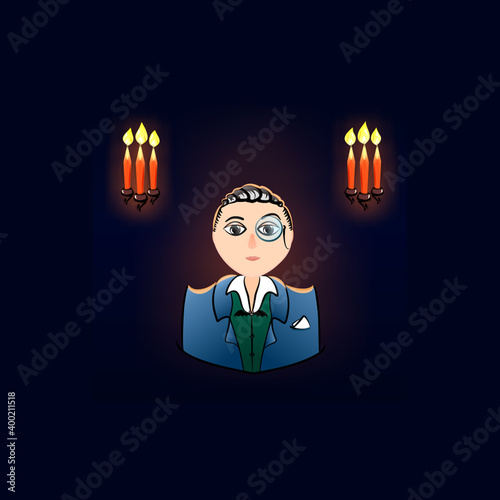 Avatar, doodle of a young vampire in a jacket. Portrait of a young guy. Illustration for postcard design, decorations, stickers, avatars, icons, patterns, textiles, packaging.