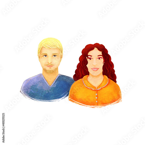 Family portrait of a young couple. Characters, romantic man and woman in relationship. Can be used for postcards invitation design, decoration, books, emblems, stickers.