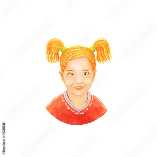 Portrait of a happy child. Character avatar of a girl with ponytails. Can be used for postcards invitation design, decoration, books, emblems, stickers.
