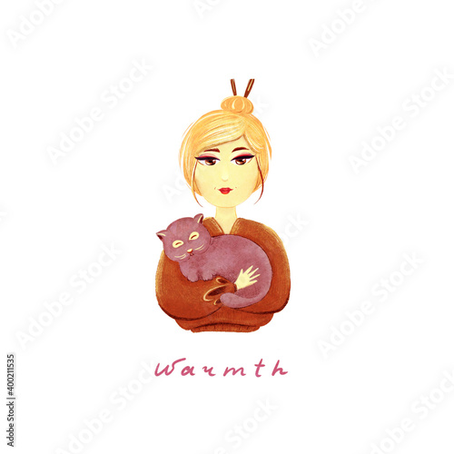 Portrait of a girl with a cat. A girl avatar in an atmosphere of comfort and warmth. Can be used on invitation cards, in postcard design, avatars, books, decorations, stickers.