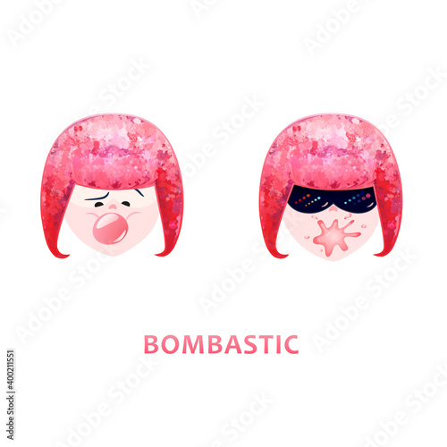 Portrait of a girl with pink hair and chewing gum. Colored illustration for for postcard design, patterns, textiles, packaging, decorations, stickers, avatars, icons.