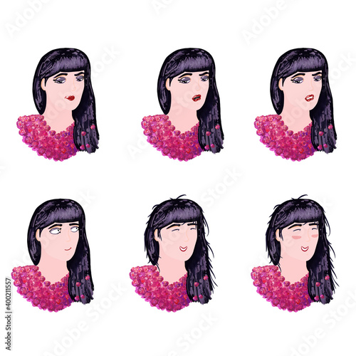 Face icons of a cheerful girl in a dress. Character emotions. Illustration for postcard design, decorations, stickers, avatars, icons, patterns, textiles, packaging.