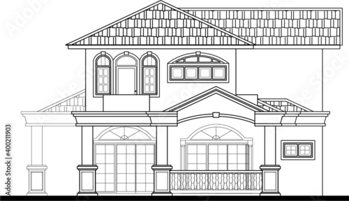 Two-storey terraced house in 2D black and white CAD drawing. 
