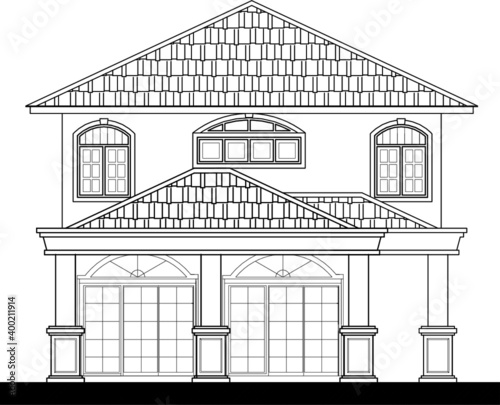 Two-storey terraced house in 2D black and white CAD drawing. 
