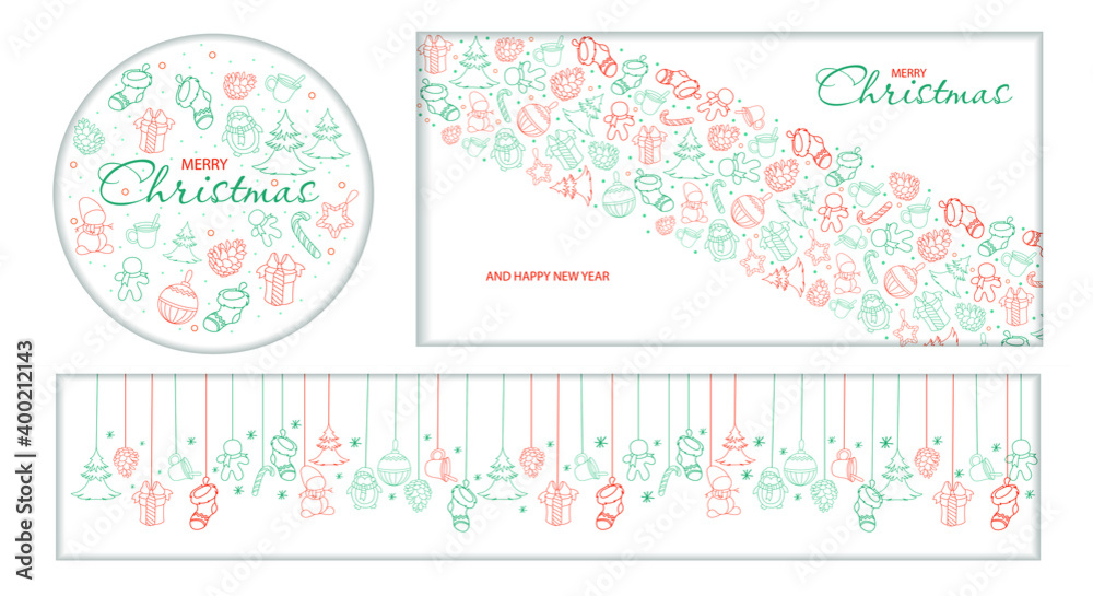 Different Christmas greeting card 2021. Merry Christmas and Happy New Year doodle. Christmas card, Christmas symbols on a white background. Winter elements for Christmas. Vector illustration