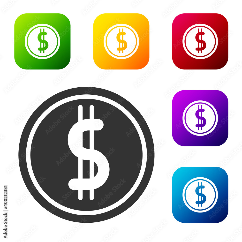 Black Coin money with dollar symbol icon isolated on white background. Banking currency sign. Cash symbol. Set icons in color square buttons. Vector Illustration. Black Coin money with dollar symbol icon isolated on white background. Banking currency sign. Cash symbol. Set icons in color square buttons. Vector Illustration.
