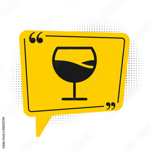 Black Wine glass icon isolated on white background. Wineglass sign. Yellow speech bubble symbol. Vector Illustration.