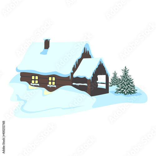 Old wooden house in snowy winter.Winter fairy house in the forest with glowing windows, snowdrifts and Christmas trees. Isolated vector illustration.