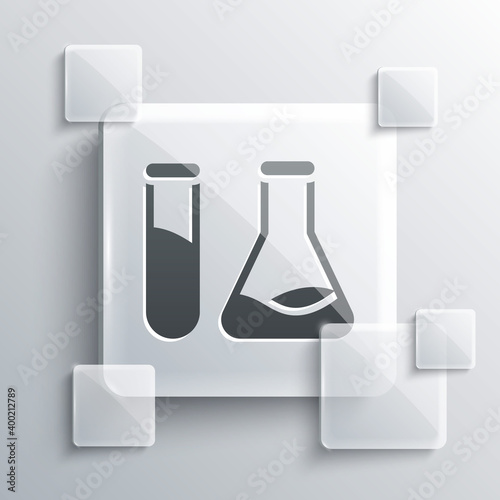 Grey Test tube and flask - chemical laboratory test icon isolated on grey background. Laboratory glassware sign. Square glass panels. Vector Illustration.