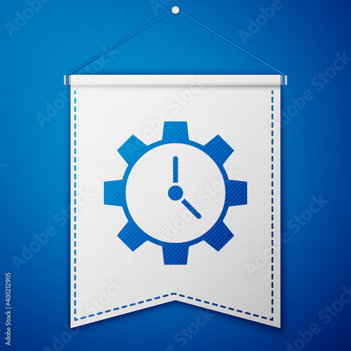 Blue Time Management icon isolated on blue background. Clock and gear sign. Productivity symbol. White pennant template. Vector Illustration.