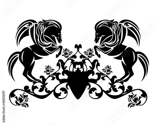 rearing up pegasus and rose flowers heraldic decor - pair of winged stallions black and white vector coat of arms design