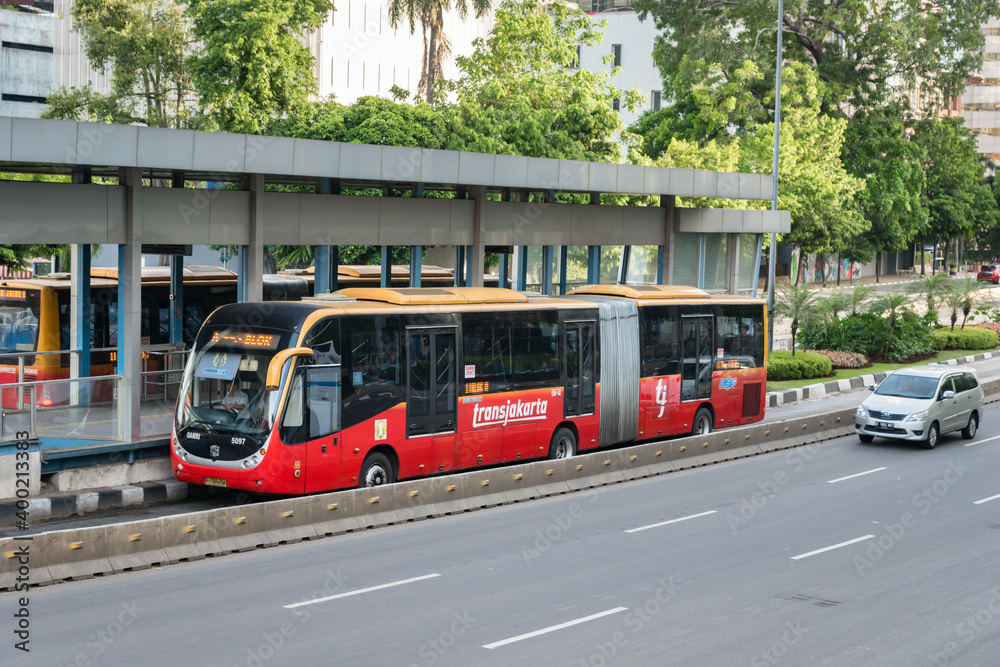 Jakarta, Indonesia - November 2017: Transjakarta bus in downtown ...