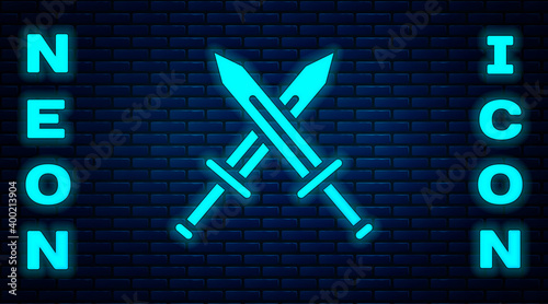 Glowing neon Crossed medieval sword icon isolated on brick wall background. Medieval weapon. Vector.