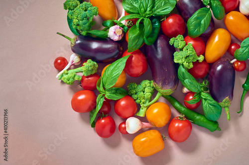 Flat lay composition with fresh vegetables.
