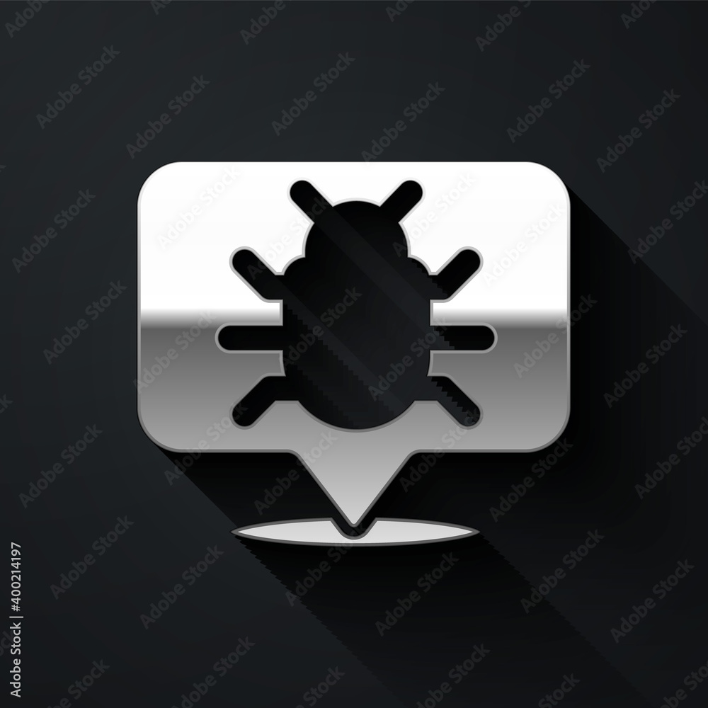 Silver System bug concept icon isolated on black background. Code bug concept. Bug in the system. Bug searching. Long shadow style. Vector. Silver System bug concept icon isolated on black background. Code bug concept. Bug in the system. Bug searching. Long shadow style. Vector.