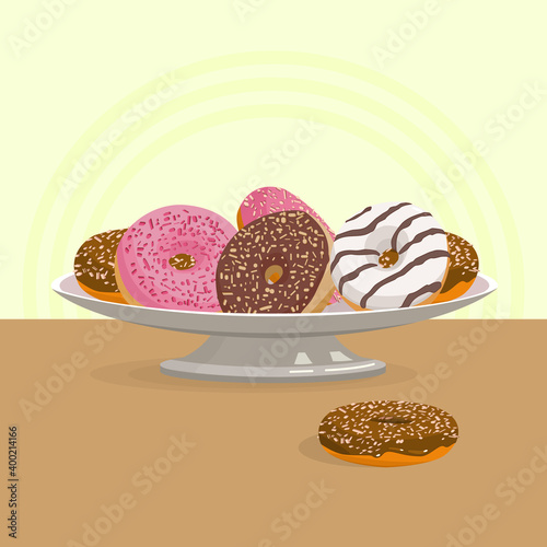 American doughnuts. Vector illustration of donuts on a platter. 
