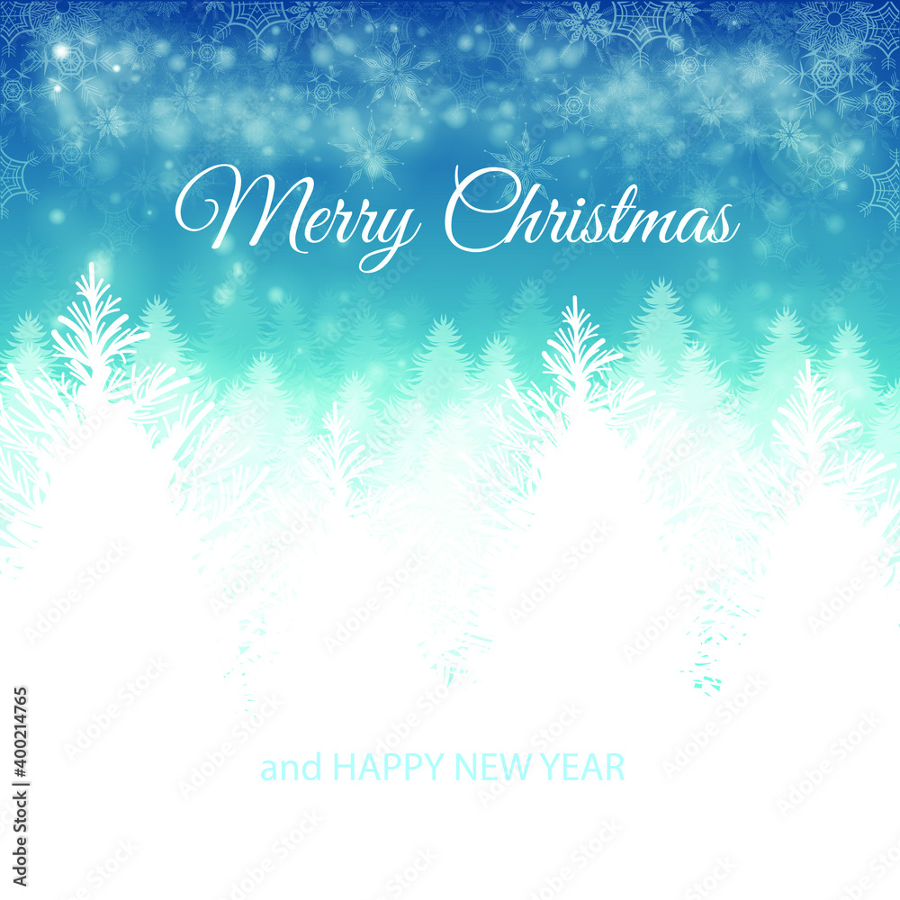 Lovely winter sale background. Happy Christmas card. Merry Christmas and Happy New Year typographic on the background winter landscape with snowflakes. Vector illustration
