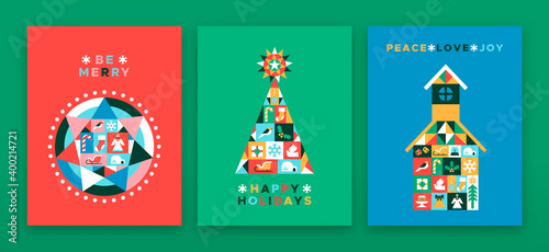 Christmas New Year retro flat folk icon card set