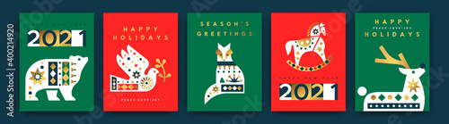 Christmas New Year gold folk animal card set