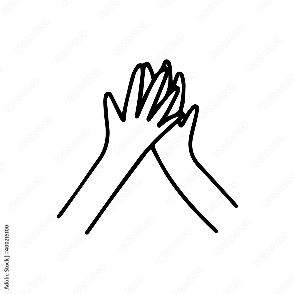 Two hands giving a high five. Great work. Friendship and cooperation concept. Black and white vector isolated illustration doodle Two hands giving a high five. Great work. Friendship and cooperation concept. Black and white vector isolated illustration doodle