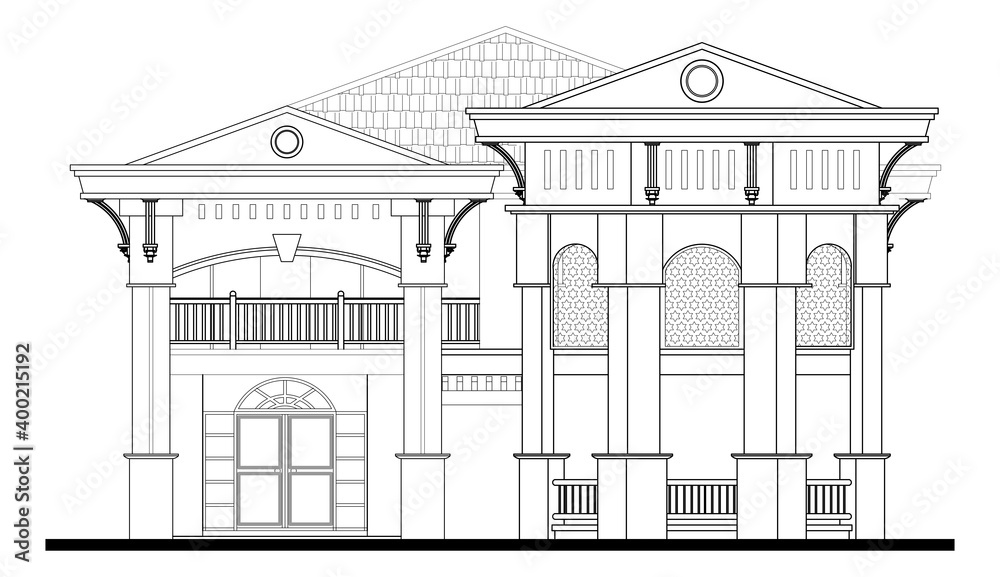 Two-storey terraced house in 2D black and white CAD drawing. Tropical climate design. 