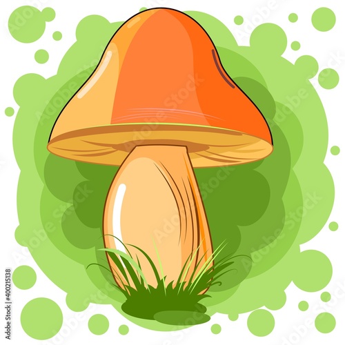 Orange mushroom on an abstract background. Picture. Vector isolated on white. Cartoon flat style. Beautiful little forest mushroom in the grass.