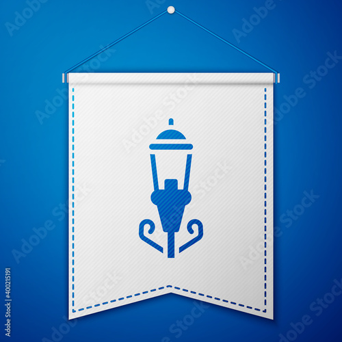 Blue Vintage street light icon isolated on blue background. White pennant template. Vector.