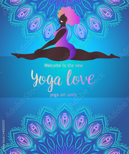 Plus size curvy lady doing yoga class. Yoga card design. Colorful template for spiritual retreat or yoga studio. Ornamental business cards, oriental pattern. Vector