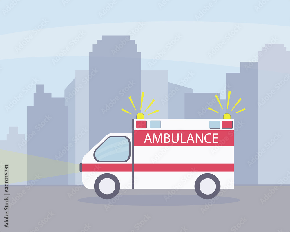 Ambulance with signal lights on vehicles. Against the background of a large city with tall buildings. Concept of emergency medical care and health care. Vector illustration of a flat car