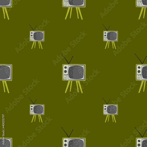 Video tv set seamless pattern. Hand drawn technics in grey tones on green olive background.