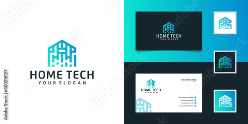 Abstract home tech with line art style logo and business card