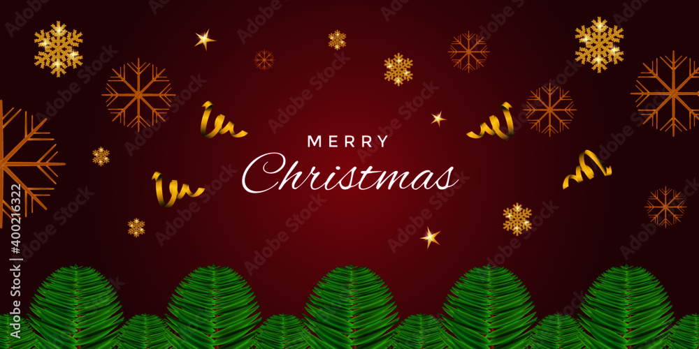 Merry Christmas decorative banner with golden snowflakes, stars and golden ribbon for this winter holiday season. Vector illustration.