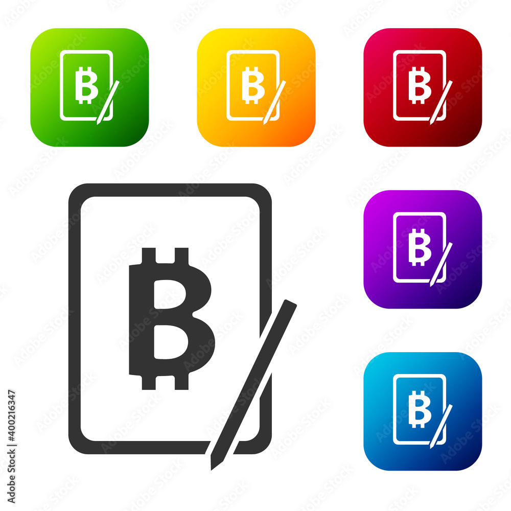 Black Mining bitcoin from graphic tablet icon isolated on white background. Cryptocurrency mining, blockchain technology service. Set icons in color square buttons. Vector. Black Mining bitcoin from graphic tablet icon isolated on white background. Cryptocurrency mining, blockchain technology service. Set icons in color square buttons. Vector.