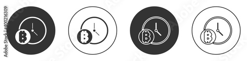 Black Cryptocurrency coin Bitcoin with clock icon isolated on white background. Physical bit coin. Blockchain based secure crypto currency. Circle button. Vector.