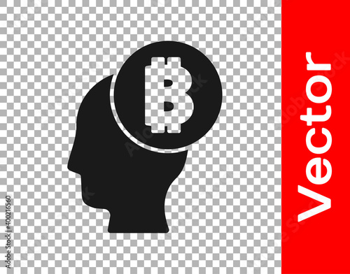 Black Bitcoin think icon isolated on transparent background. Cryptocurrency head. Blockchain technology, digital money market, cryptocoin wallet. Vector.