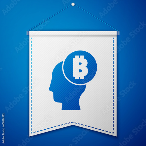 Blue Bitcoin think icon isolated on blue background. Cryptocurrency head. Blockchain technology, digital money market, cryptocoin wallet. White pennant template. Vector.
